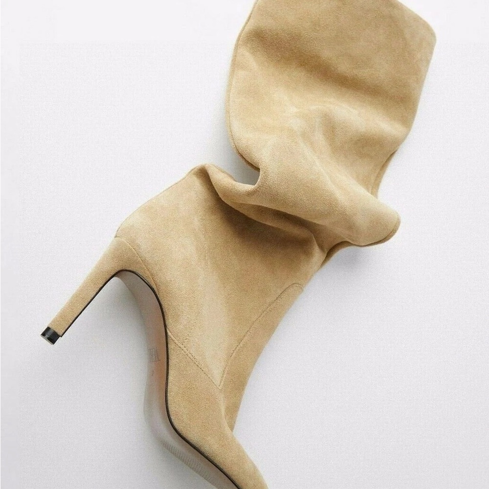 Zara Knee High Tan Heeled Suede Boots